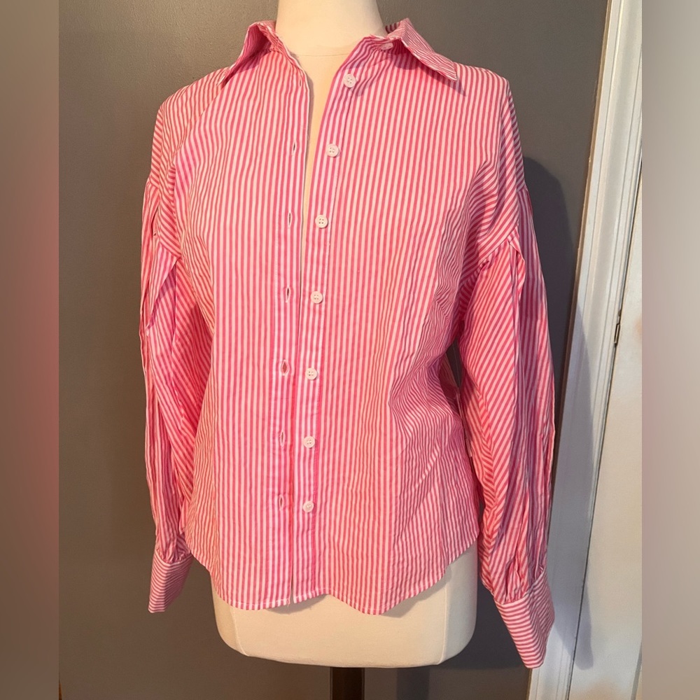Bloomindales Aqua Pink Striped Button Down Shirt, Size Large, new with tags